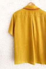 Clothway Premium Men's Mustard Embroidered Cotton Linen Cuban Collar Half Sleeve Casual Resort Shirt – Designer Tribal Embroidery Summer Button Down Fashion Shirt for Men