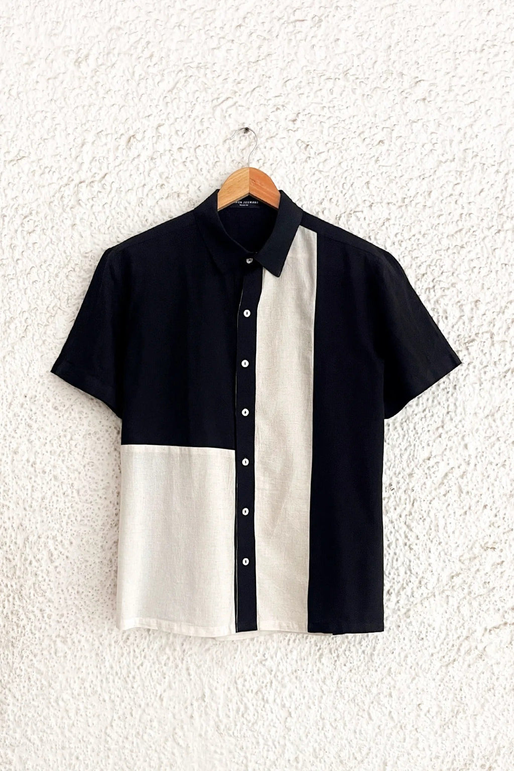Clothway Premium Men's Black & Off White Color Block Cotton Linen Half Sleeve Button Down Casual Shirt – Modern Minimalist Designer Panel Shirt for Office, Travel & Smart Casual Wear