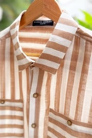 Clothway Premium Men's Beige & White Vertical Striped Cotton Linen Half Sleeve Button Down Casual Shirt – Classic Dual Pocket Smart Casual Summer Designer Shirt for Office, Vacation & Everyday Wear