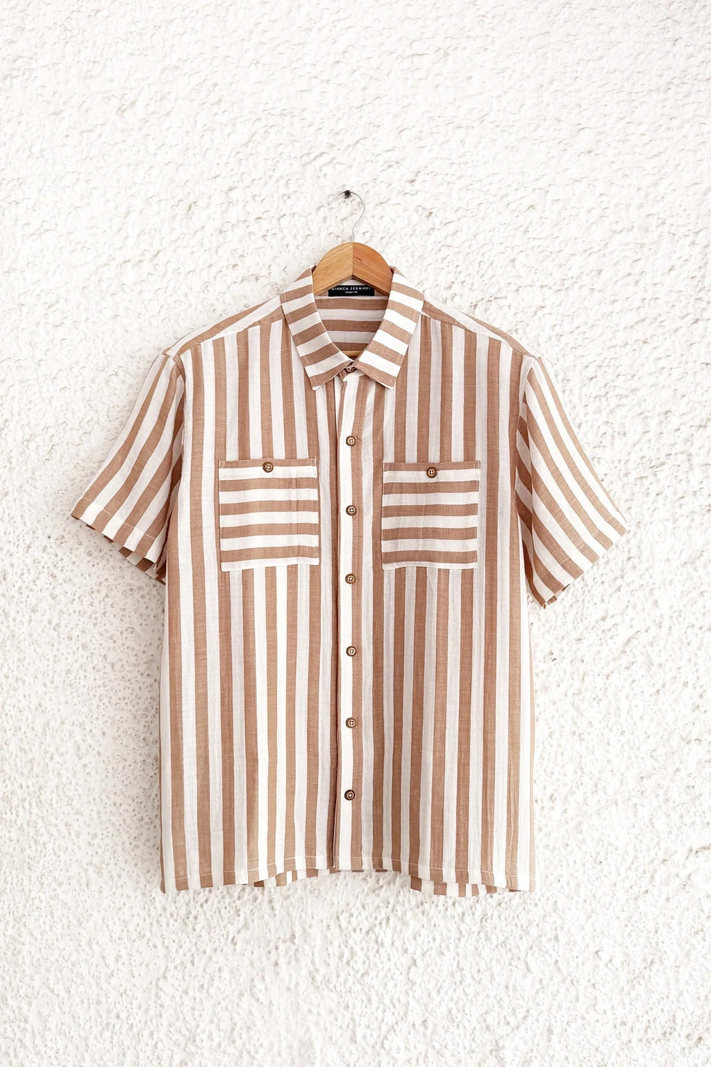 Clothway Premium Men's Beige & White Vertical Striped Cotton Linen Half Sleeve Button Down Casual Shirt – Classic Dual Pocket Smart Casual Summer Designer Shirt for Office, Vacation & Everyday Wear