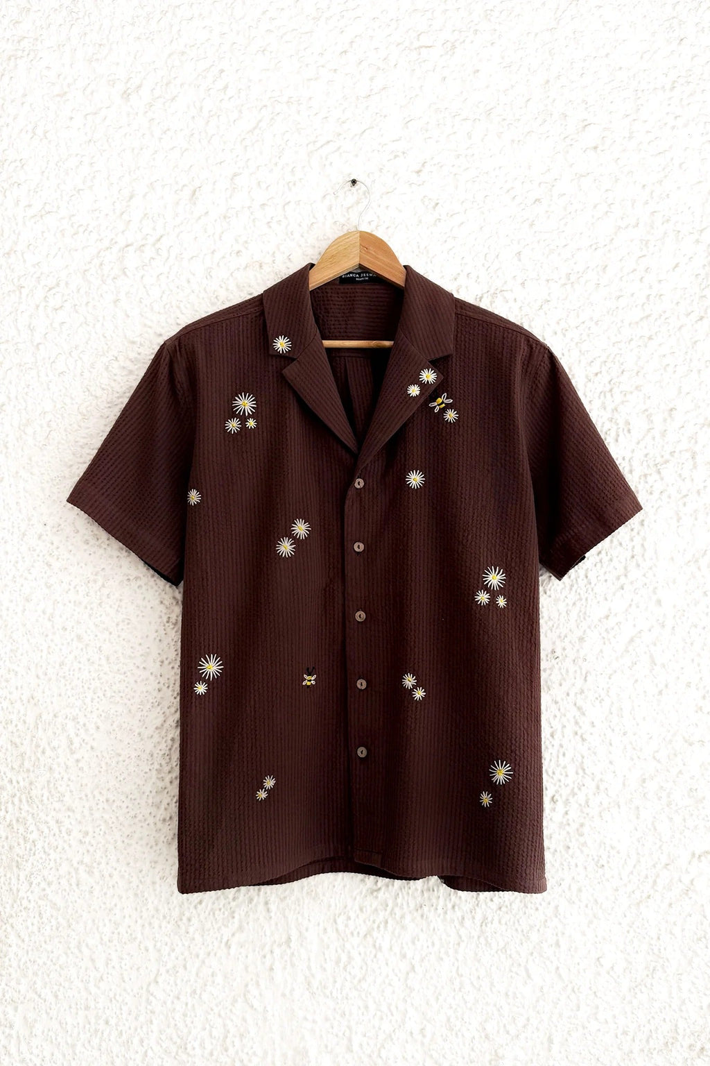 Clothway Premium Men's Chocolate Brown Textured Embroidered Cuban Collar Half Sleeve Casual Resort Shirt – Luxury Floral Embroidery Cotton Blend Summer Button Down Designer Shirt