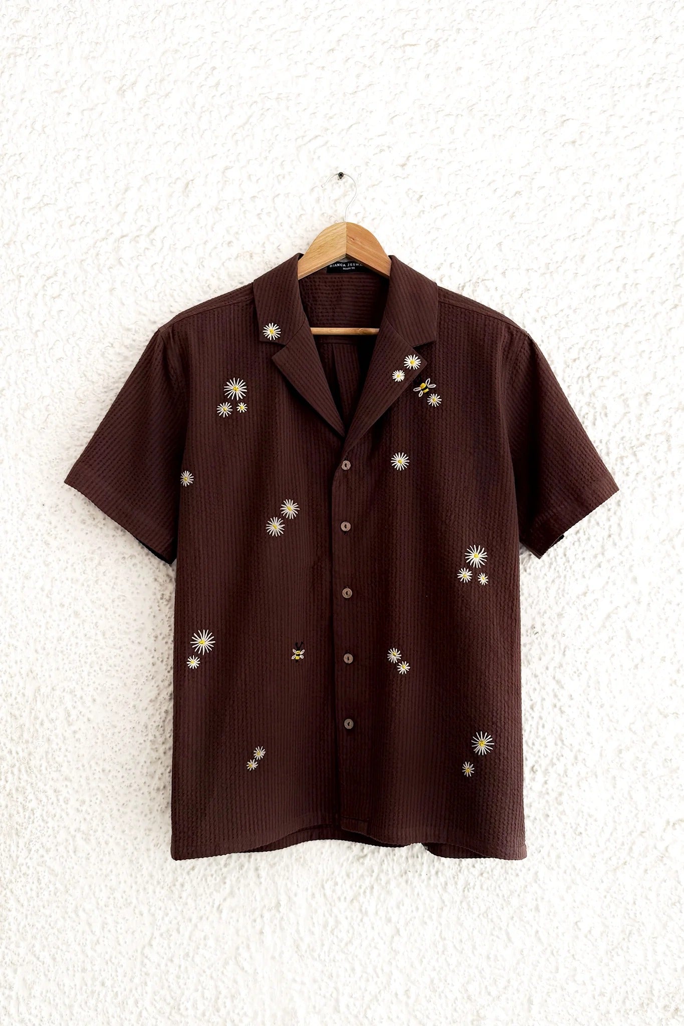 Clothway Premium Men's Chocolate Brown Textured Embroidered Cuban Collar Half Sleeve Casual Resort Shirt – Luxury Floral Embroidery Cotton Blend Summer Button Down Designer Shirt