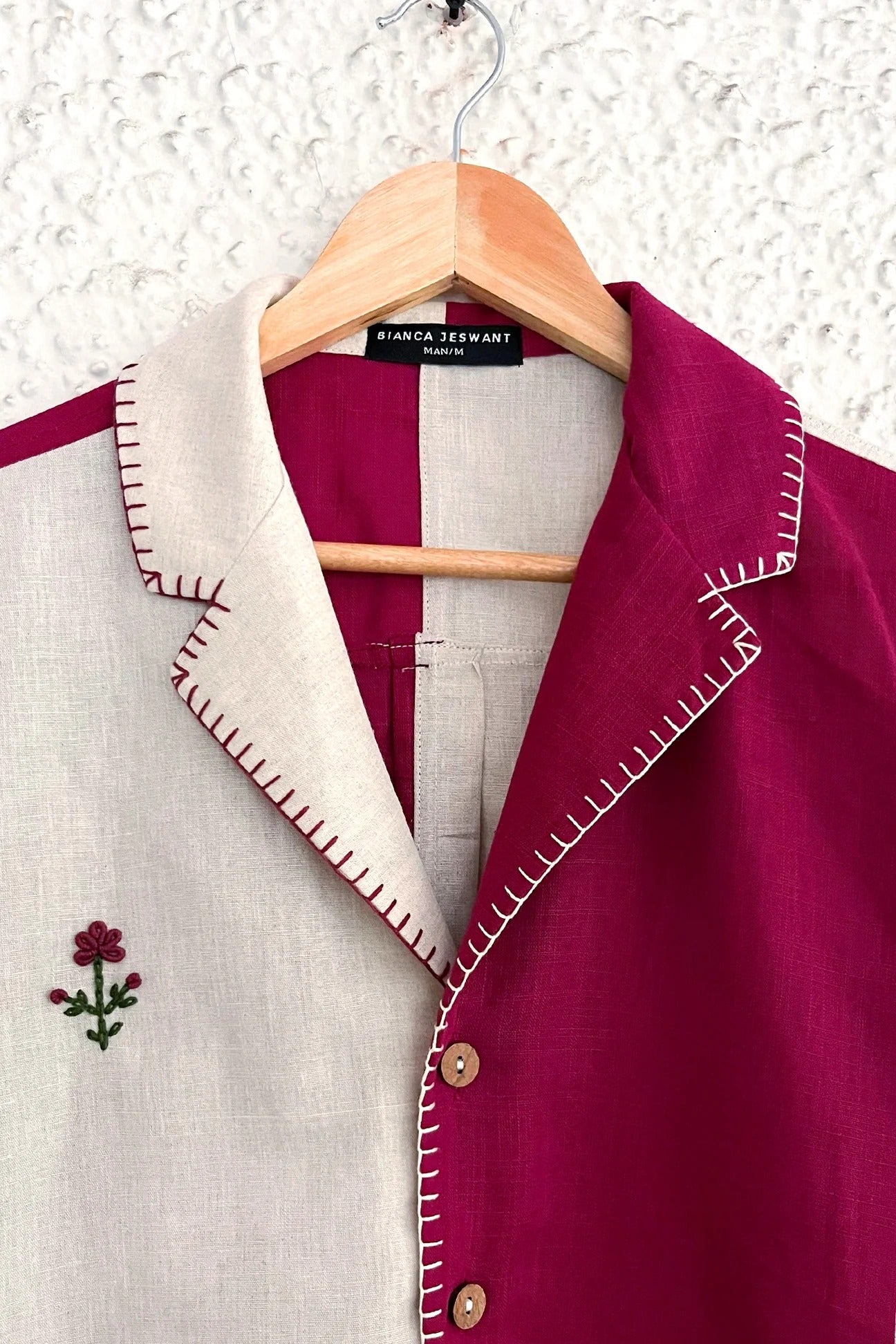 Clothway Premium Men's Color Block Embroidered Cotton Linen Half Sleeve Cuban Collar Casual Resort Shirt – Dual Tone Beige & Magenta Summer Fashion Button Down Oversized Streetwear Shirt