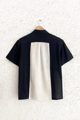 Clothway Premium Men's Black & Off White Color Block Cotton Linen Half Sleeve Button Down Casual Shirt – Modern Minimalist Designer Panel Shirt for Office, Travel & Smart Casual Wear