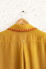 Clothway Premium Men's Mustard Embroidered Cotton Linen Cuban Collar Half Sleeve Casual Resort Shirt – Designer Tribal Embroidery Summer Button Down Fashion Shirt for Men